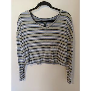 Wild Fable Gray Stripe Long Sleeve Crop Top, Large